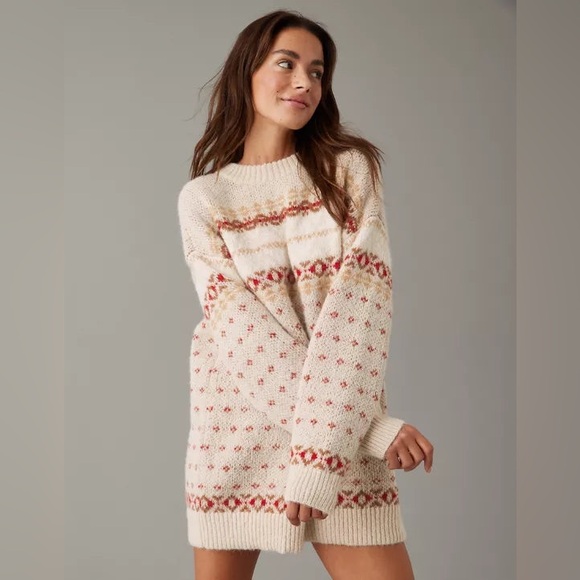 American Eagle Outfitters Dresses & Skirts - AE CREWNECK HOLIDAY RED BEIGE SWEATER DRESS